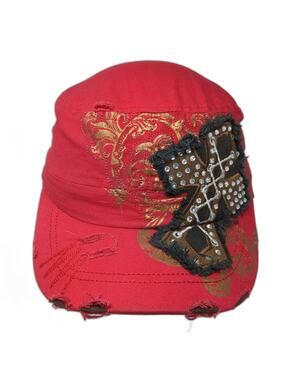 KB Red One Size Army Cap Hat Distressed Rhinestone Cross Scroll Embroidered